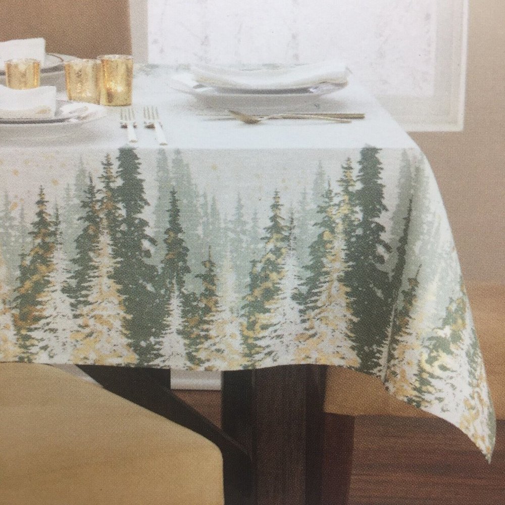Nicole Miller Snowy Winter Forest Tablecloth 60x120 Green Gold Designer Holidays
